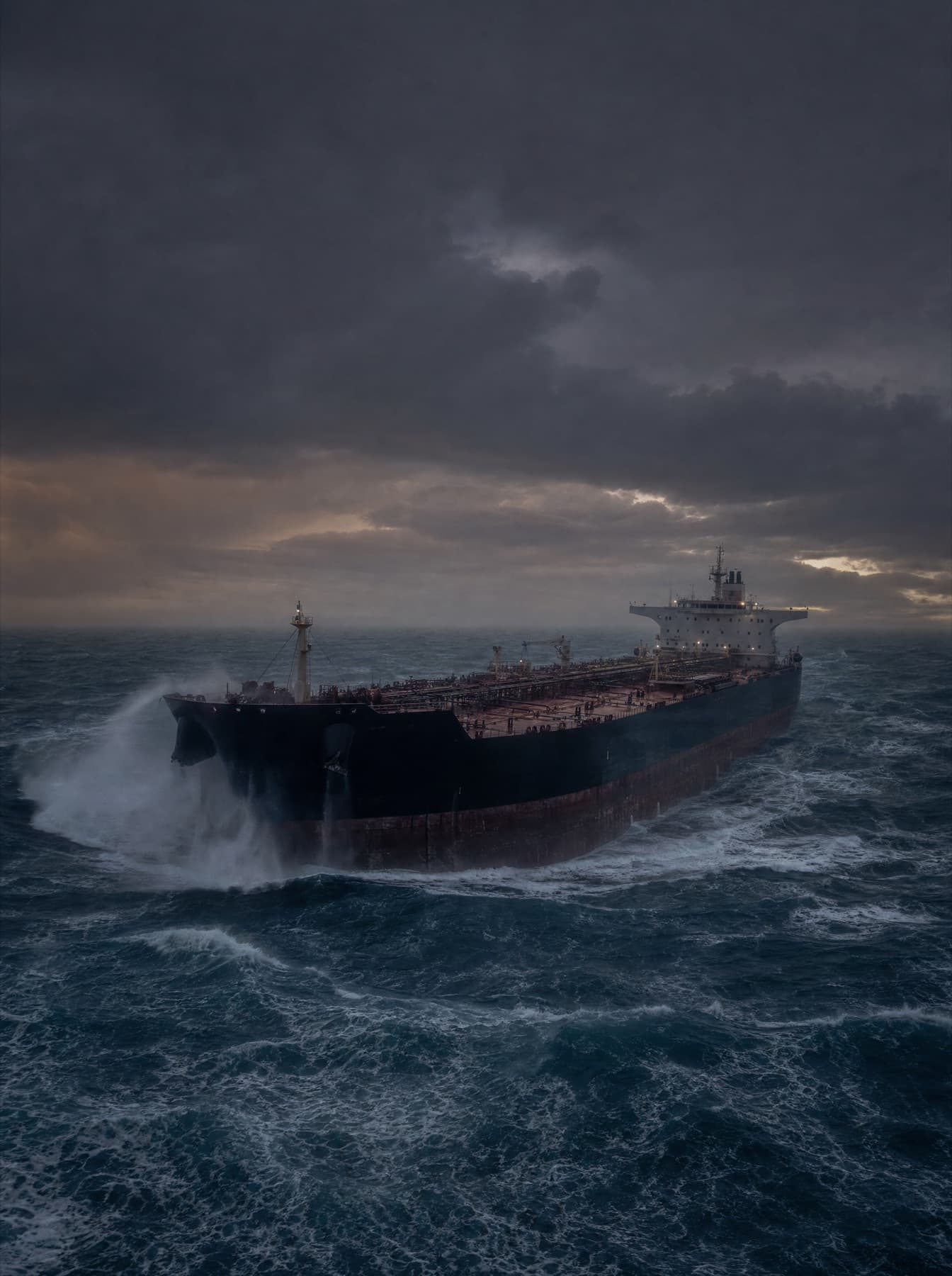 A commercial fuel tanker underway through heavy open seas at dusk