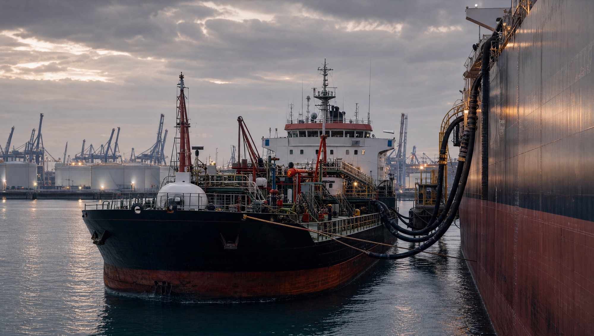 A bunker barge alongside a ship's hull at dusk, its fuel hoses connected