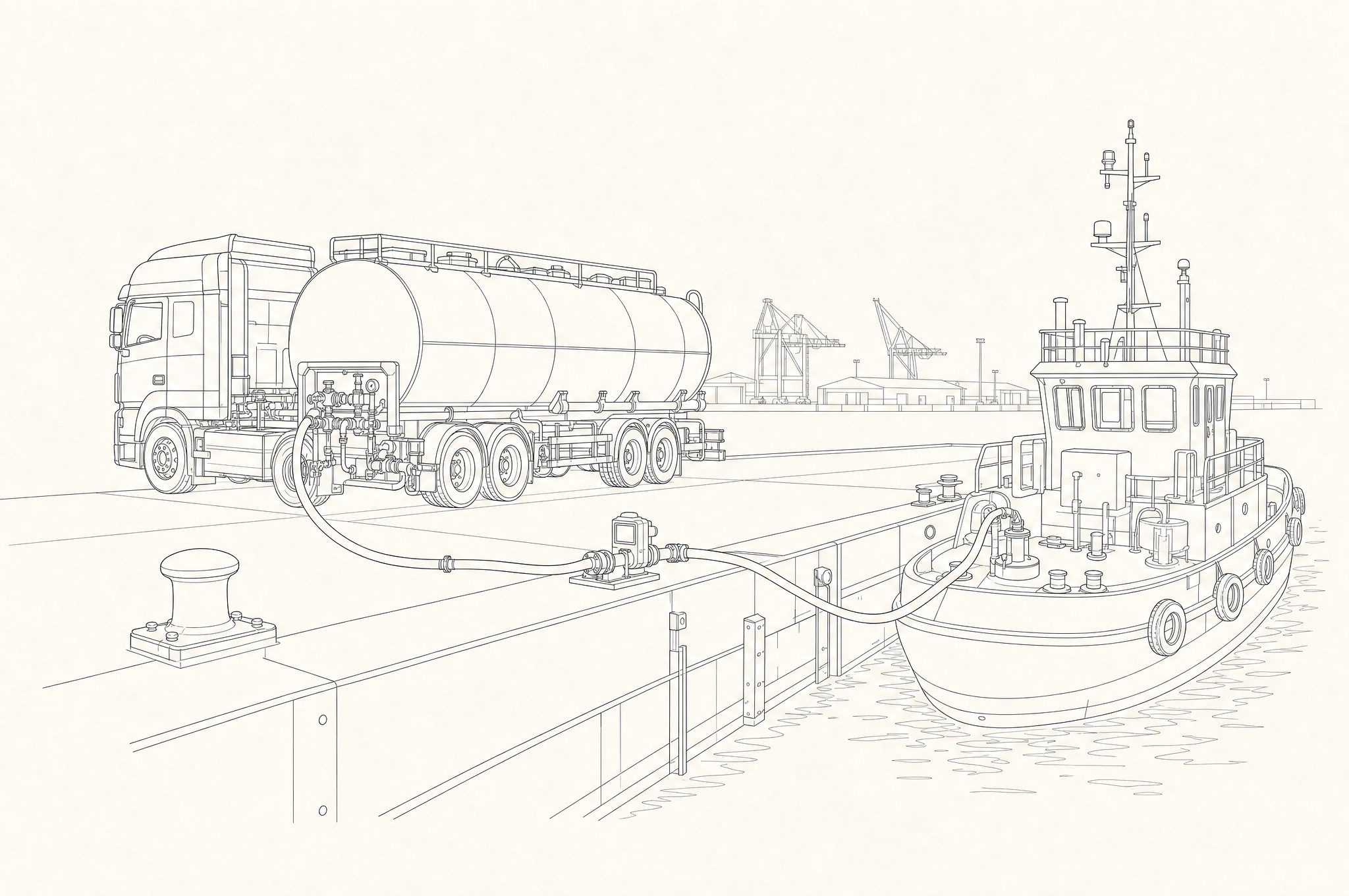 Line drawing of a metered tank truck fueling a moored workboat from the quay
